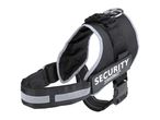 Zooafari Security dog harness in black with reflective strips.