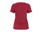 Back view of a women's red short-sleeved sports top with reflective details.