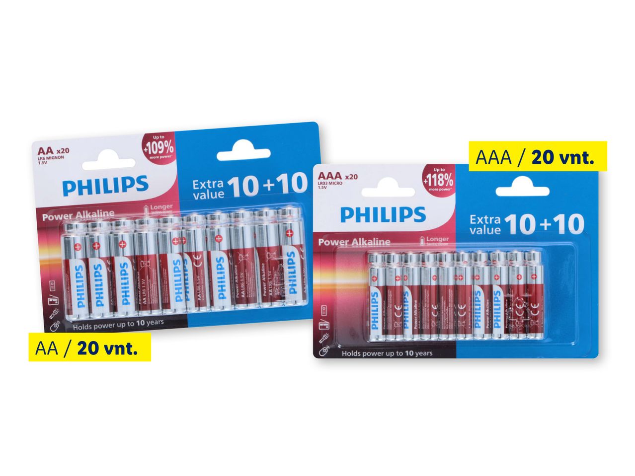 Dvi Philips baterijų pakuotės: AA ir AAA, po 20 vnt. kiekvienoje.