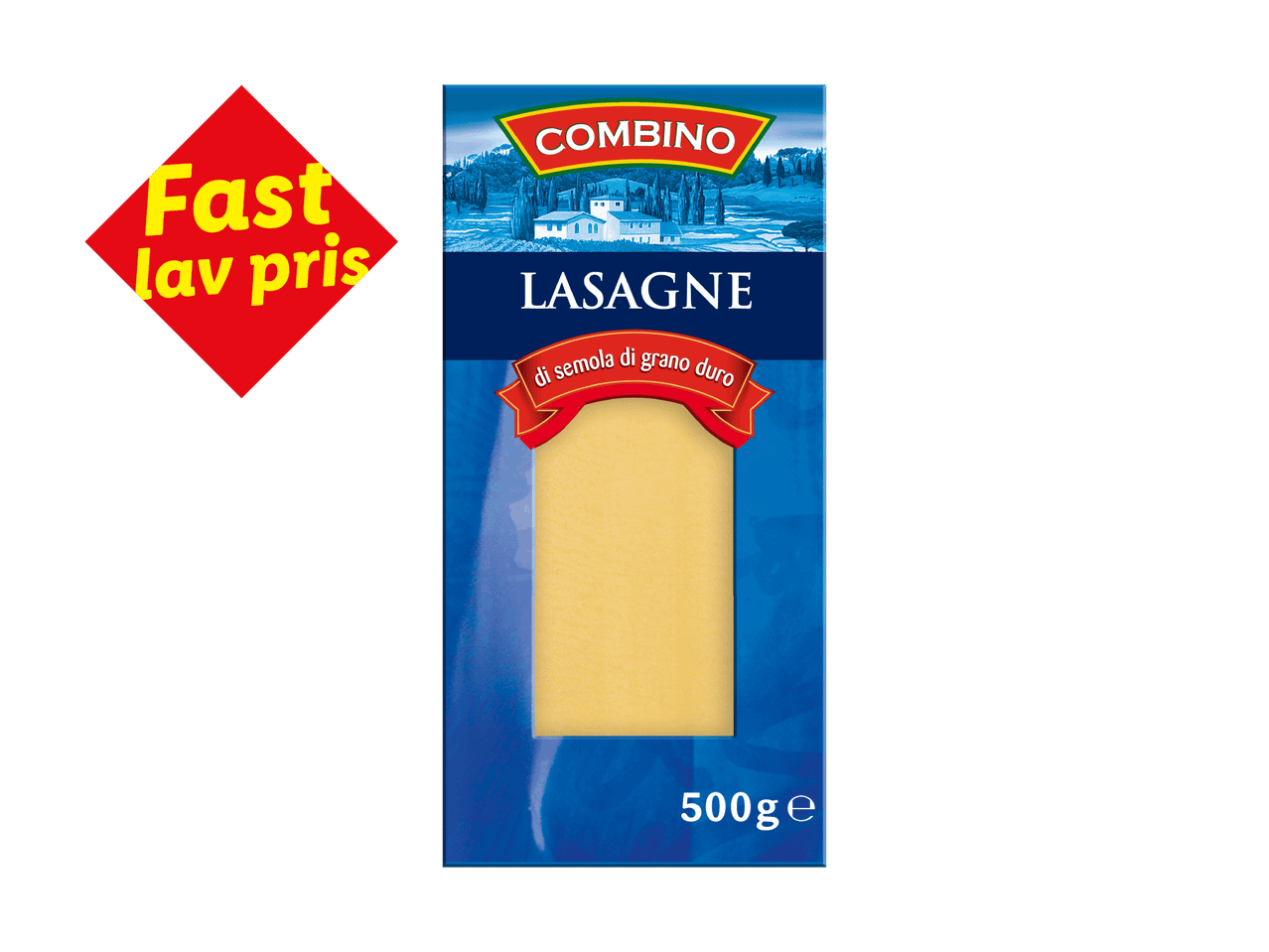 Pakke med lasagneplader af durumhvede med et rødt skilt, der siger 'Fast lav pris'.