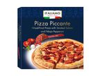 A box of Italiamo Pizza Piccante, a wood-fired pizza with smoked salami and nduja pepperoni.