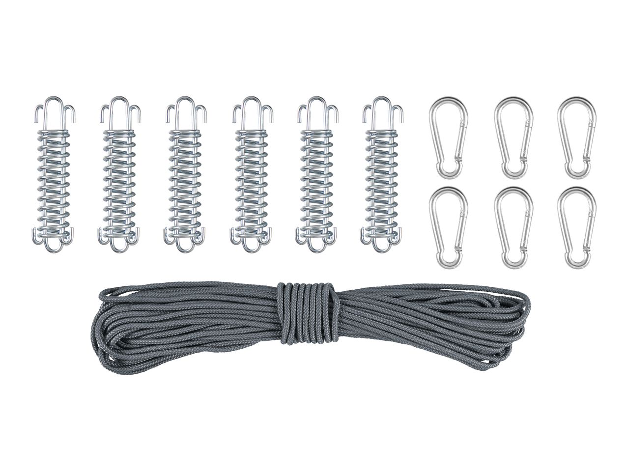 Set of metal springs, carabiners, and a coiled grey rope for outdoor use.