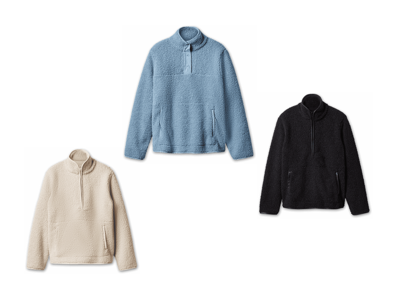 Drei Fleece-Pullover in Hellblau, Schwarz und Beige.