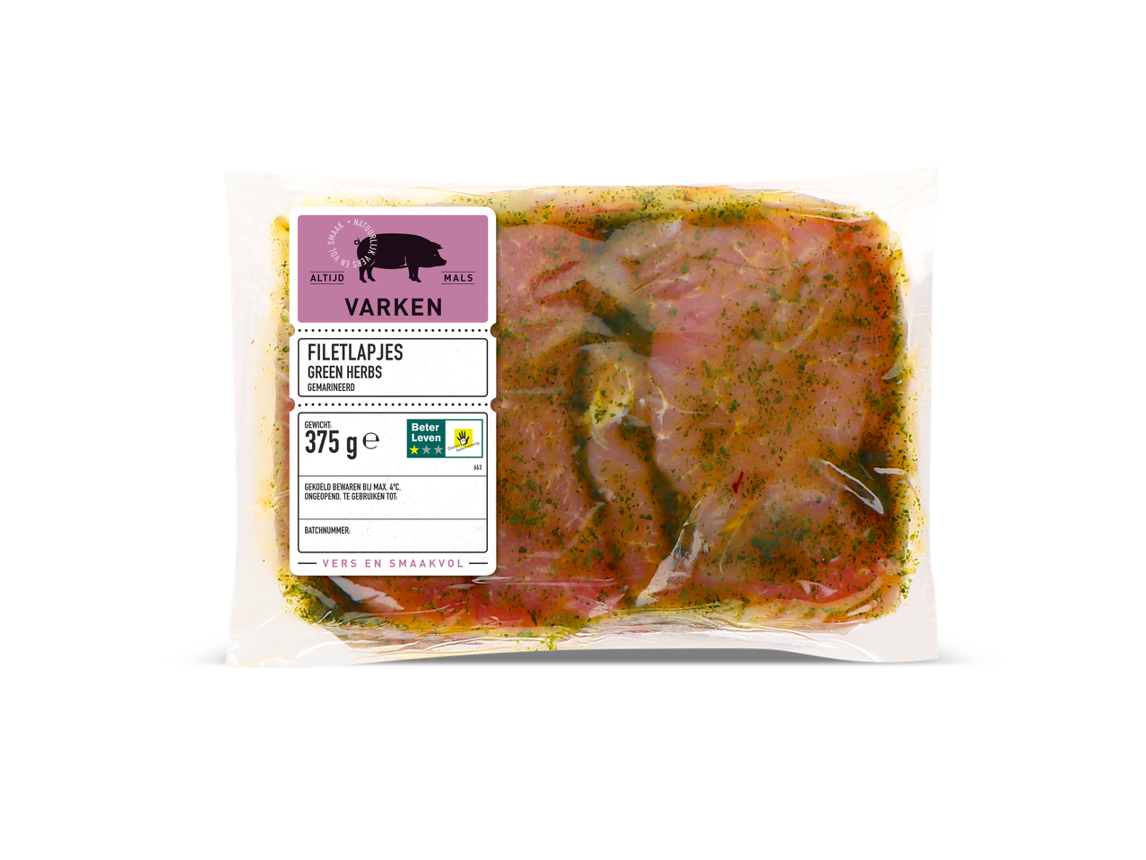 Gemarineerde varkensfiletlapjes met kruiden, 375 g.