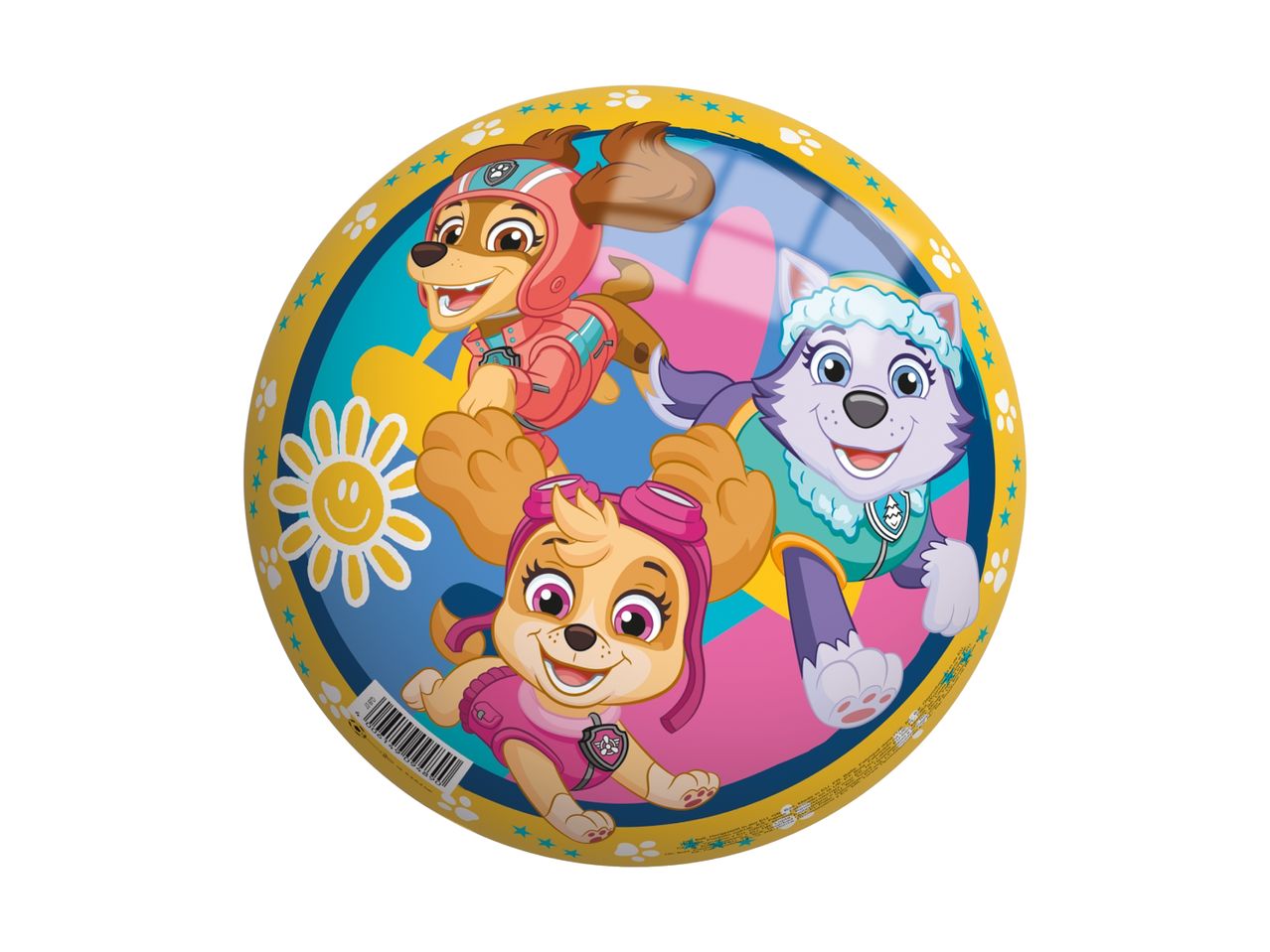 Colorful ball with cartoon dogs, including a brown dog in a pink helmet and a grey husky.