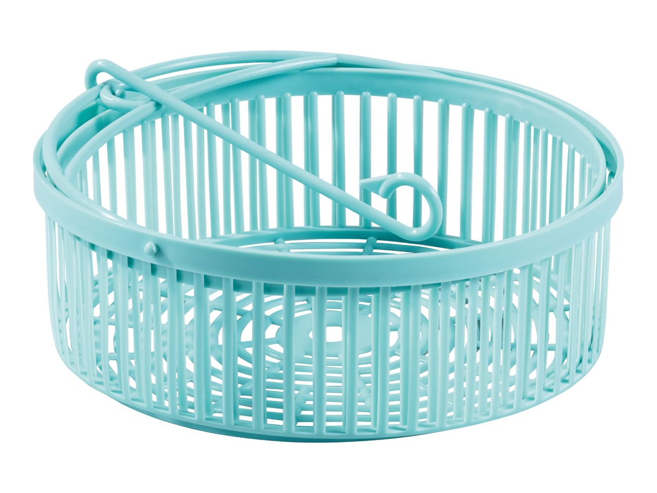 Light blue plastic round basket with a handle, ideal for storage or carrying items.