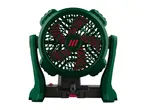 Green and red portable fan with a sturdy base and a red power switch