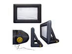Inflatable outdoor projector screen with a white display area and a yellow air pump.