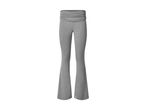 Grey flared yoga pants with a ruched waistband