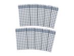 Two sets of white and blue checkered kitchen towels, fanned out on a white background.