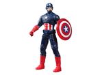 Figurine Captain America avec bouclier, en costume bleu, rouge et blanc.