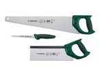 Three hand saws for wood, including a large saw, a smaller saw, and a hacksaw.