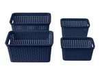 A set of navy blue plastic storage baskets with a woven design.