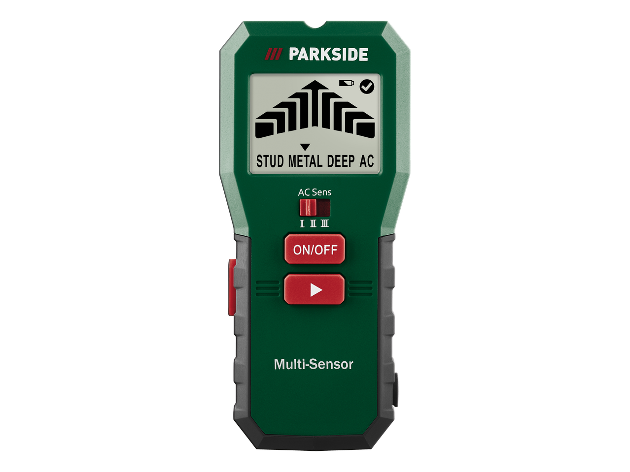 Zeleni detektor metala i drvenih greda s crvenim gumbima i zaslonom.