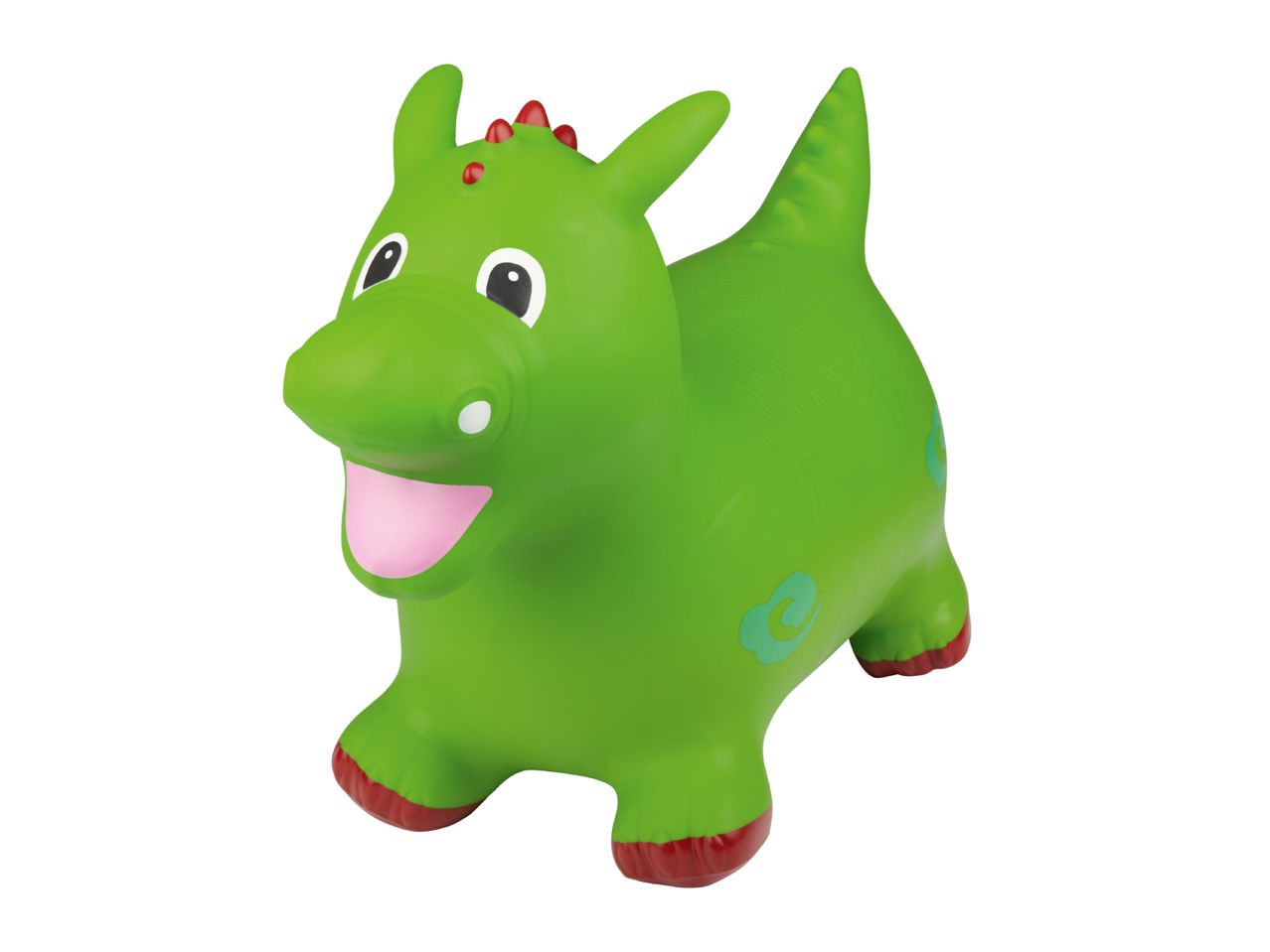 Green inflatable dragon bouncer toy with red spikes and feet, and blue swirl decorations.