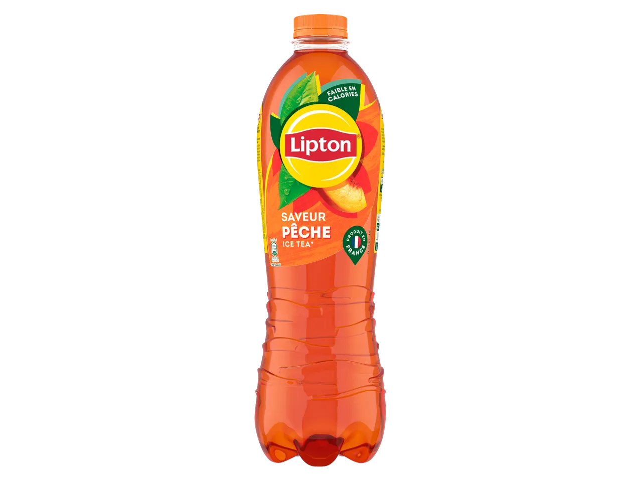 Bouteille de thé glacé à la pêche, faible en calories et produit en France.