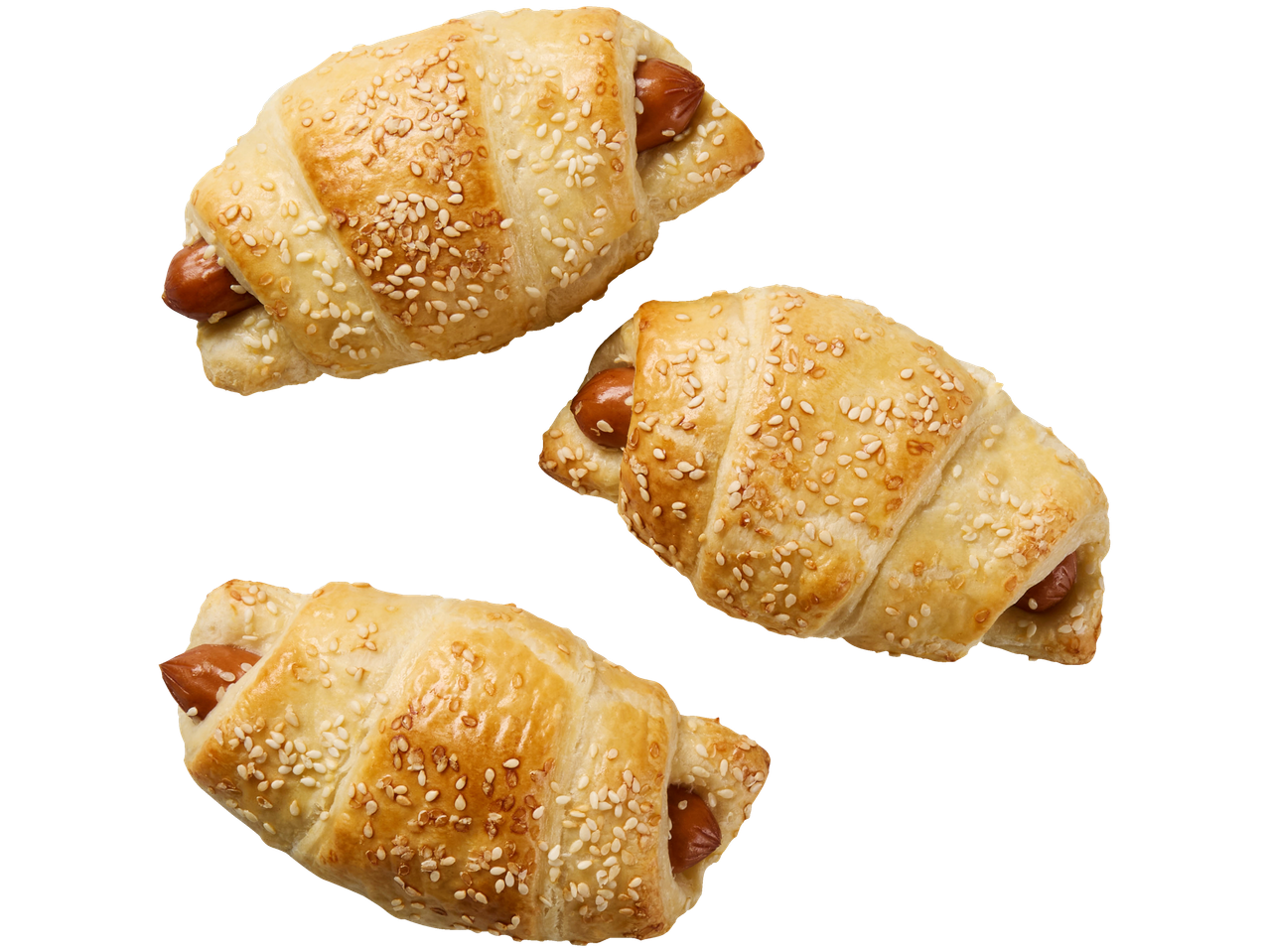 Trois croissants au sésame fourrés de saucisses.