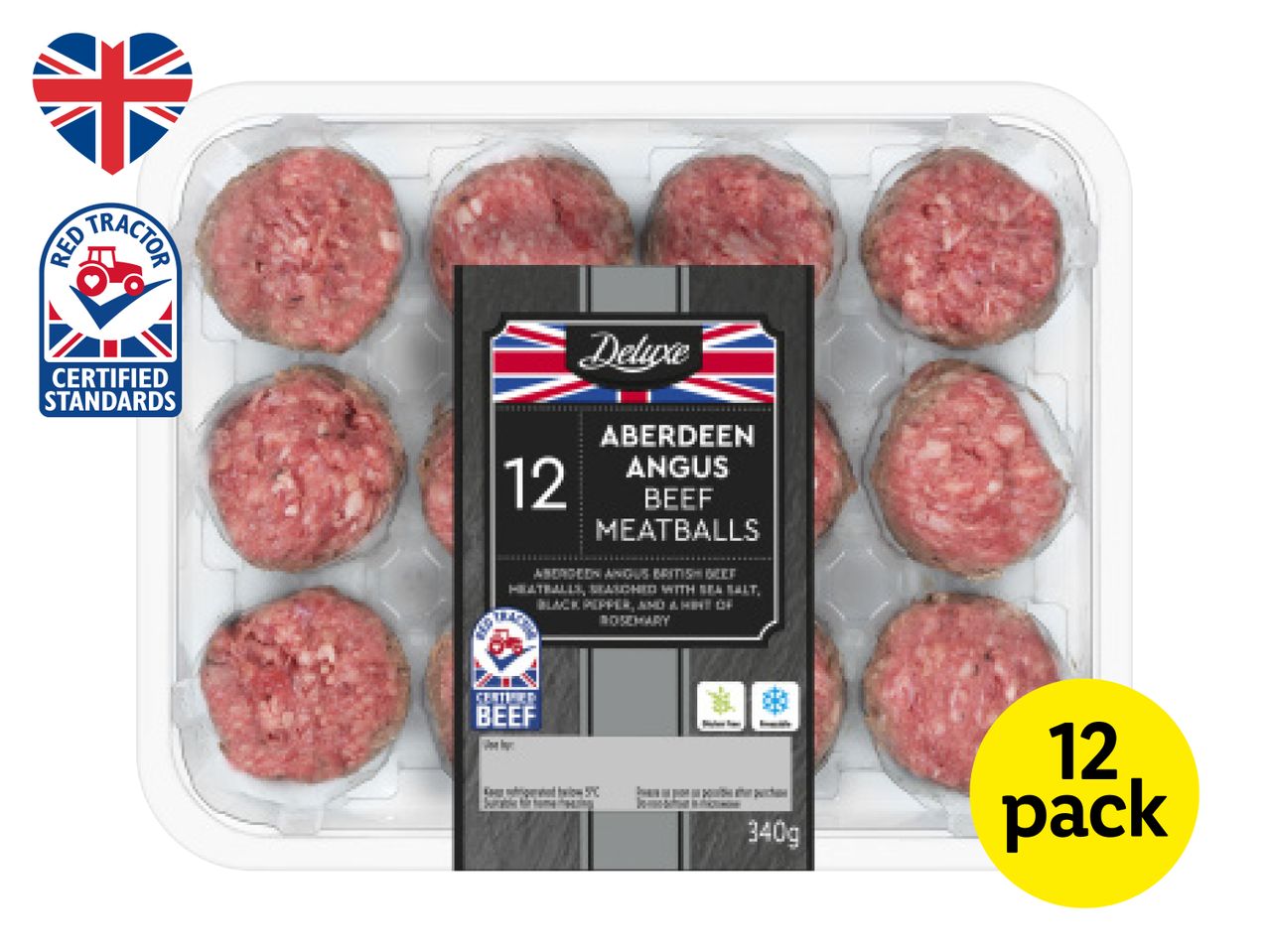 A pack of 12 Aberdeen Angus beef meatballs with Red Tractor certification.