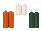 Drei Paare von Kerzen in Orange, Weiß und Dunkelgrün.