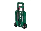 Foldable green hand truck with black wheels and bungee cords