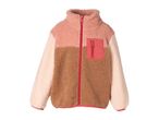 Kids' color block fleece jacket in pink, brown, and cream with a red zipper and pocket.