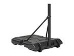 A black portable basketball hoop base with wheels.