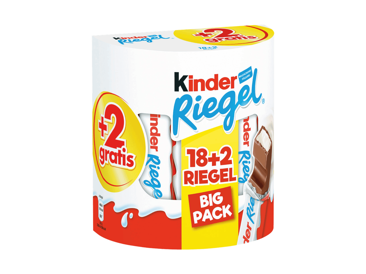 Packung Schokoriegel mit Milchcremefüllung, mit der Aufschrift „18+2 gratis“.