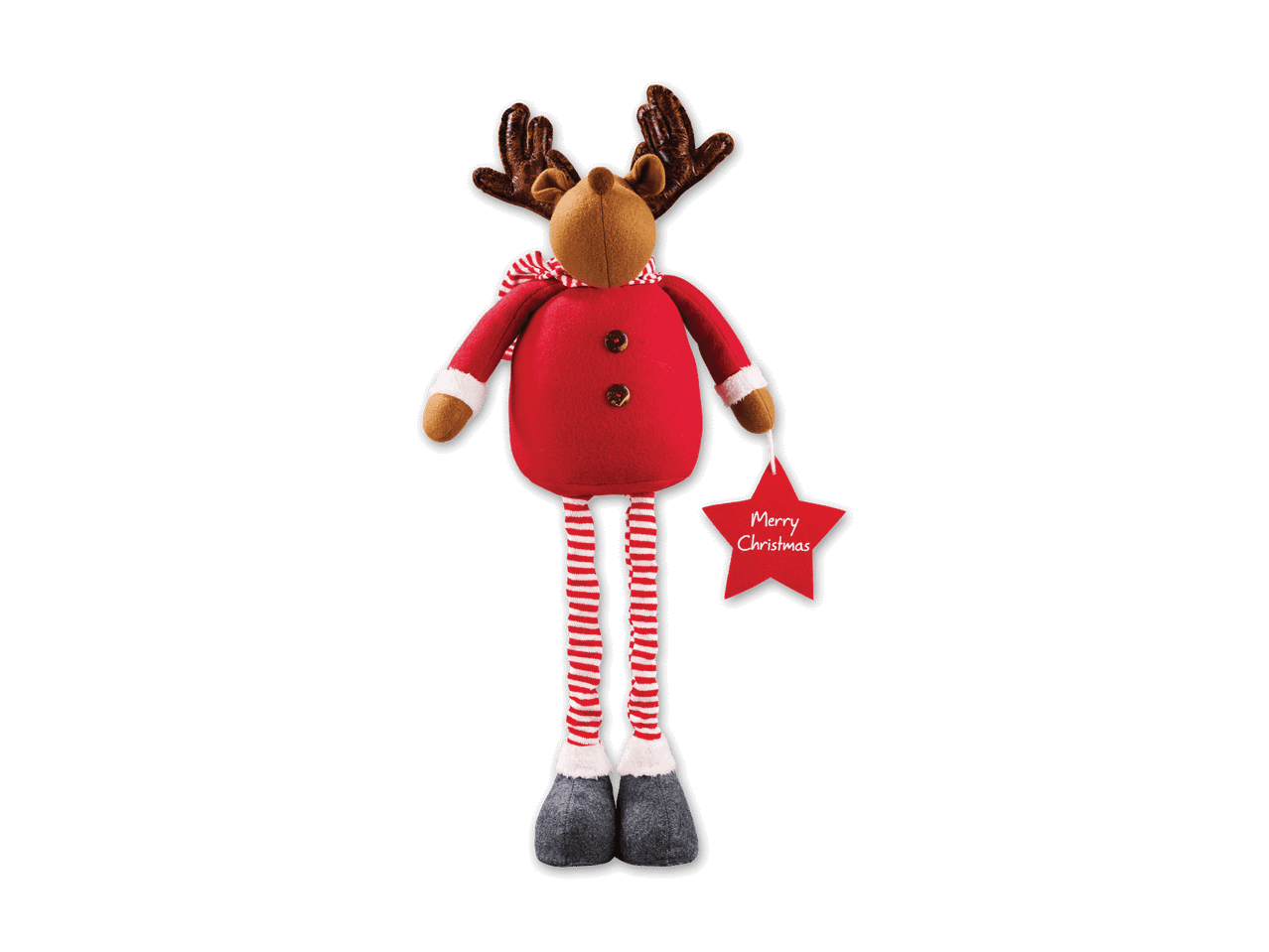 Weihnachtlicher Rentier-Stofftier mit rotem Outfit und 'Merry Christmas' Sternanhänger.