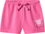 Pink kids' jersey shorts with an elasticated waist, decorative bow, and Peppa Pig graphic.