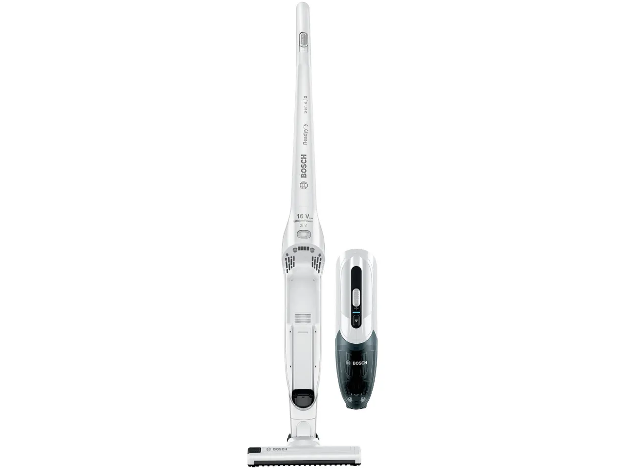 Un aspirapolvere verticale Bosch bianco con un aspirapolvere portatile staccabile.