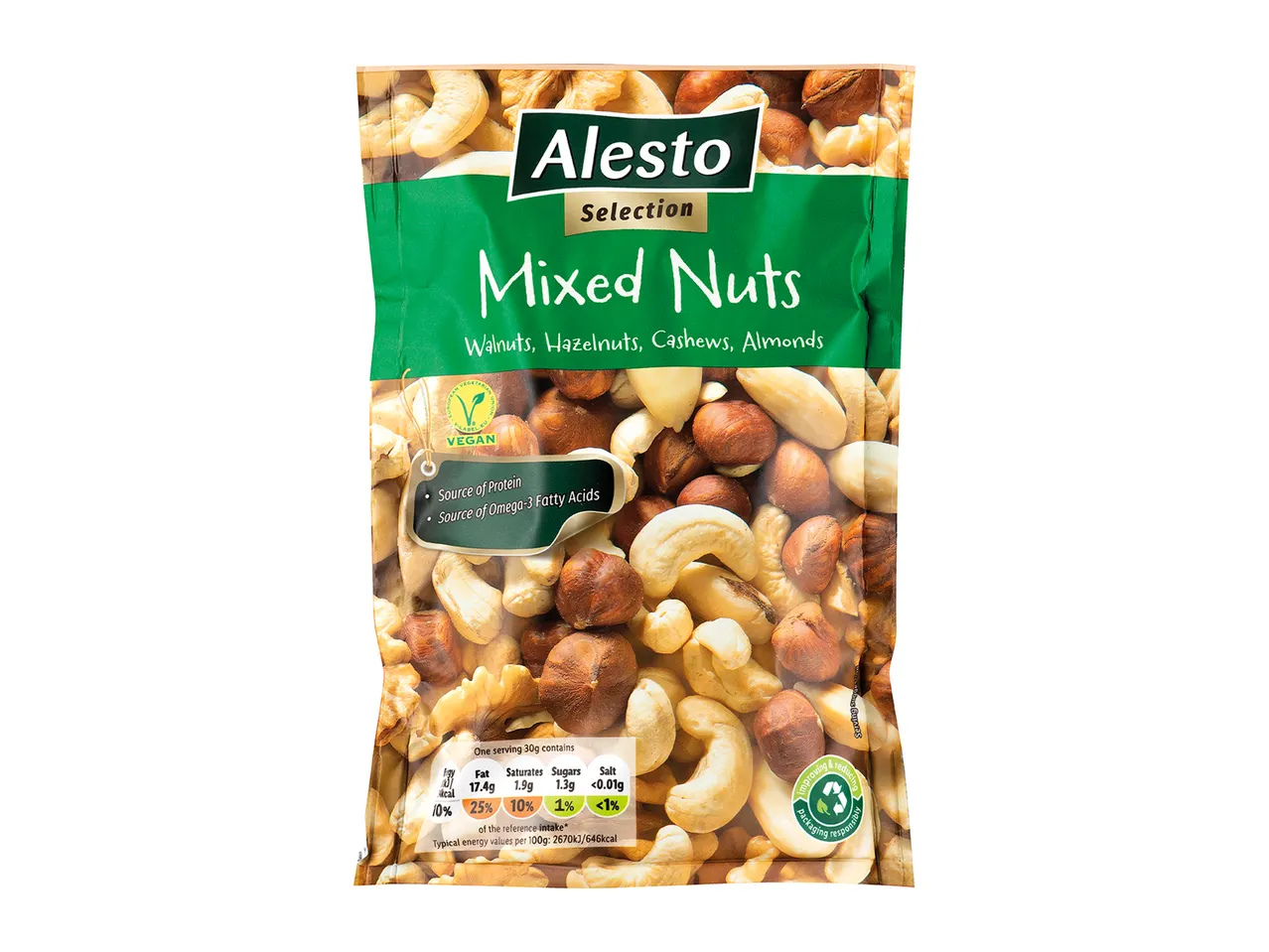 Alesto Selection Mixed Nuts: walnuts, hazelnuts, cashews, almonds.