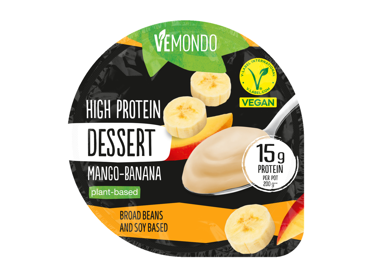 Vemondo plantaardig eiwitrijk dessert, mango-banaan smaak.
