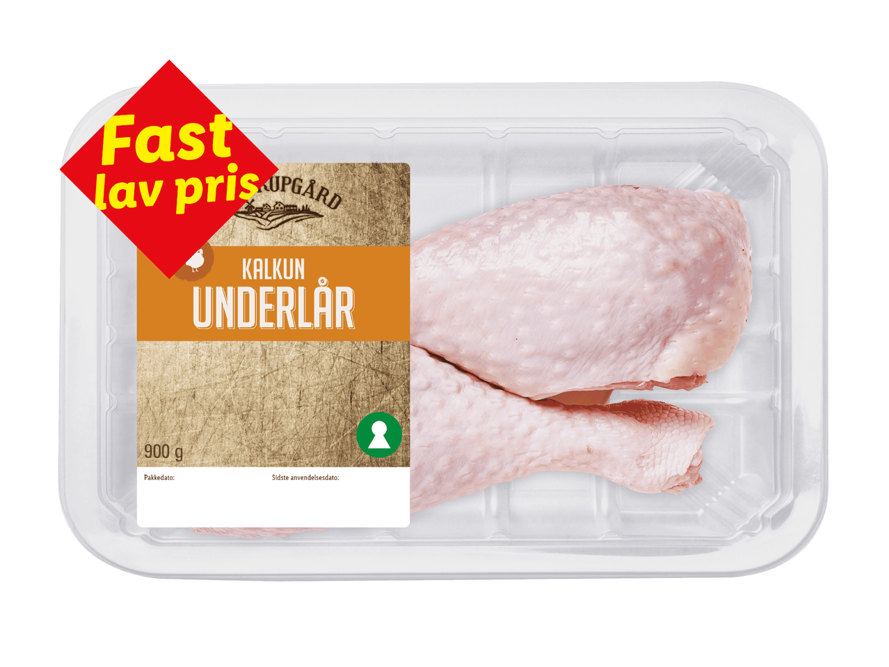 Pakke med kalkununderlår med et rødt skilt, der siger 'Fast lav pris'.