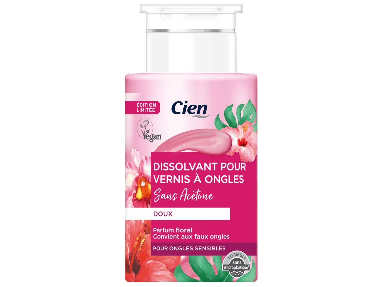 Cien dissolvant pour vernis sans acétone, parfum floral, pour ongles sensibles.