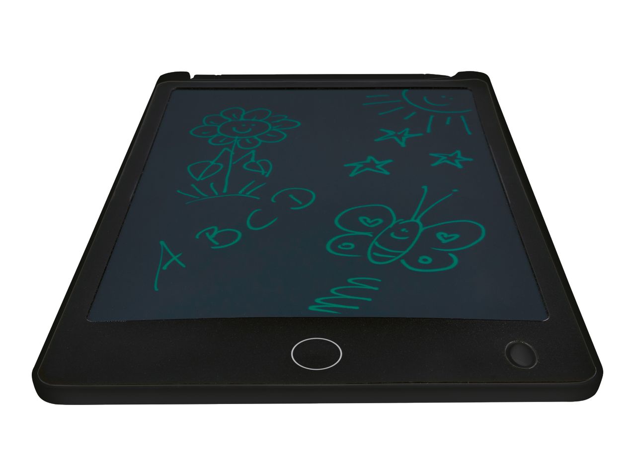 Black LCD writing tablet with green drawings of a flower, sun, stars, butterfly, and letters.