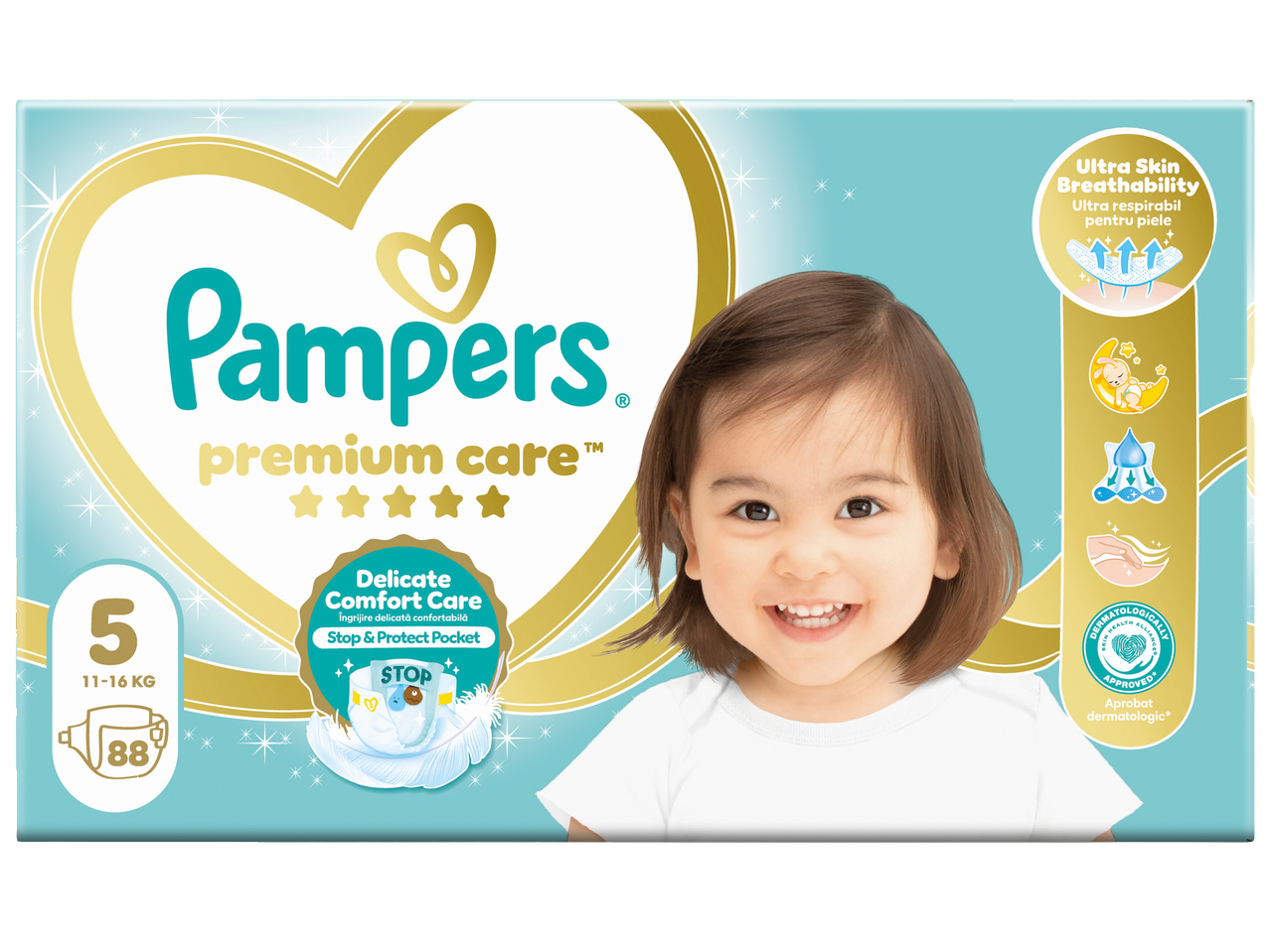 Опаковка пелени за бебета с размер 5 (11-16 кг), 88 броя, с надпис „Delicate Comfort Care“ и „Ultra Skin Breathability“.