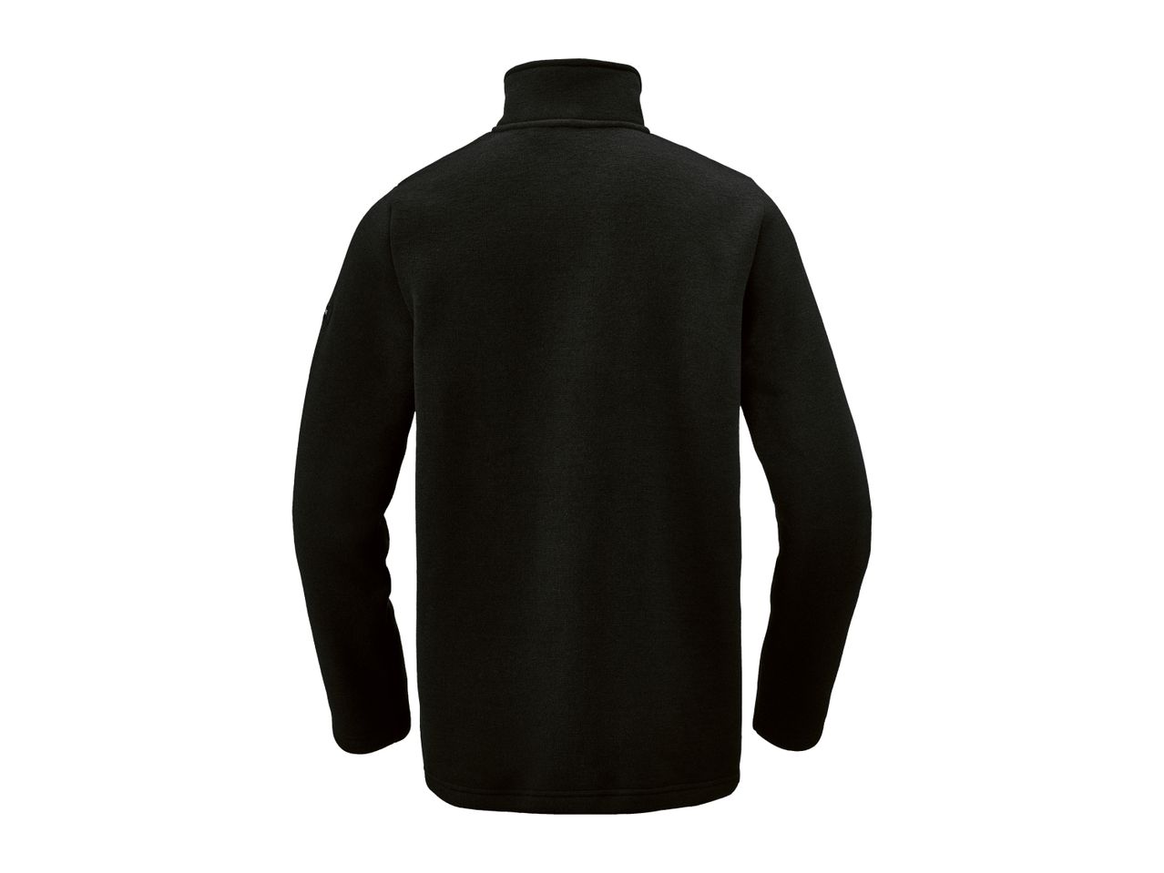 Back view of a black long-sleeved fleece jacket with a high collar.