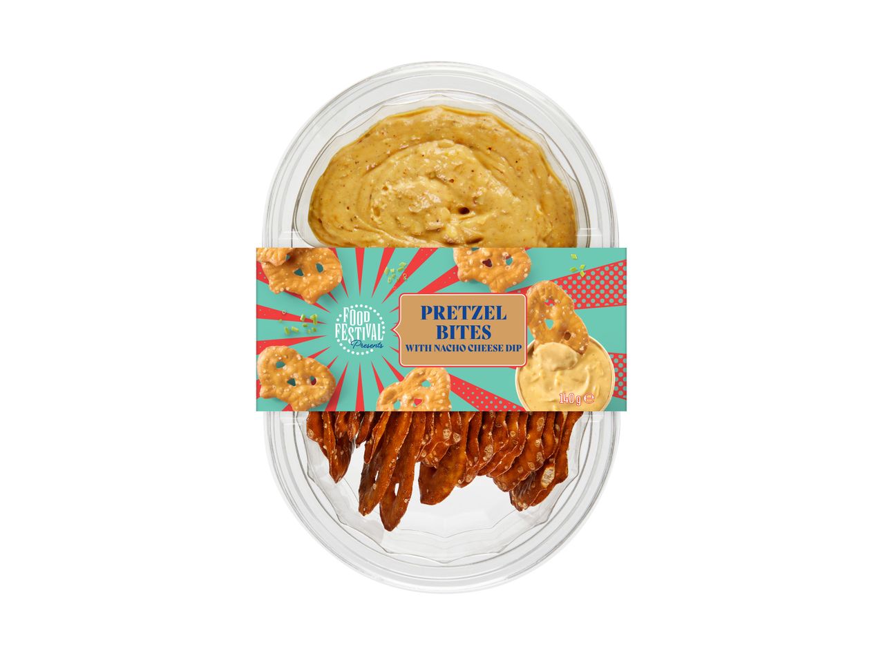 Пакетче с претцели и сос от сирене, с надпис 'Pretzel Bites with Nacho Cheese Dip'