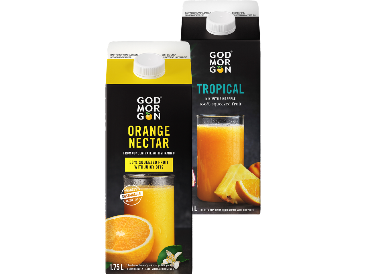 Två förpackningar med apelsinnektar och tropisk juice, båda med fruktbilder och text.