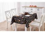 Față de masă LIVARNO home cu imprimeu de ciuperci și frunze pe o masă de sufragerie cu scaune albe.