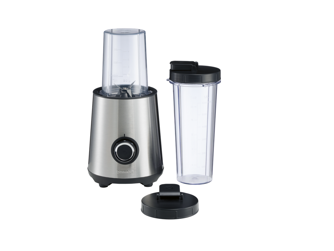 SILVERCREST blender za smoothie s posudom za miješanje i poklopcem, na crnoj pozadini.