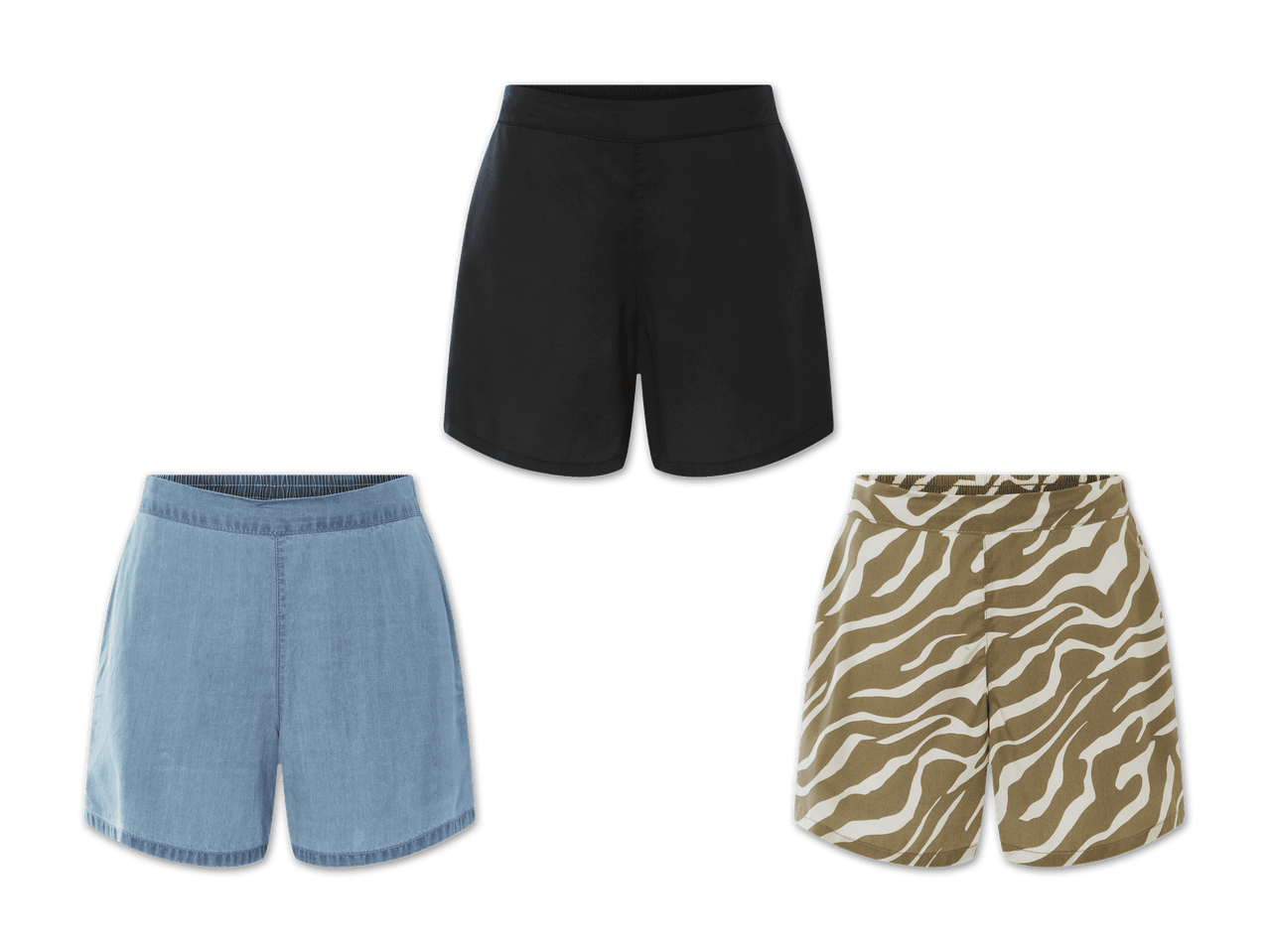 Drei Shorts in Schwarz, Hellblau und Zebramuster.