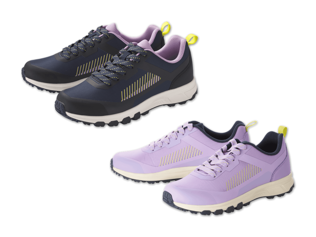 Zwei Paar Sportschuhe in Dunkelblau und Lila auf schwarzem Hintergrund.