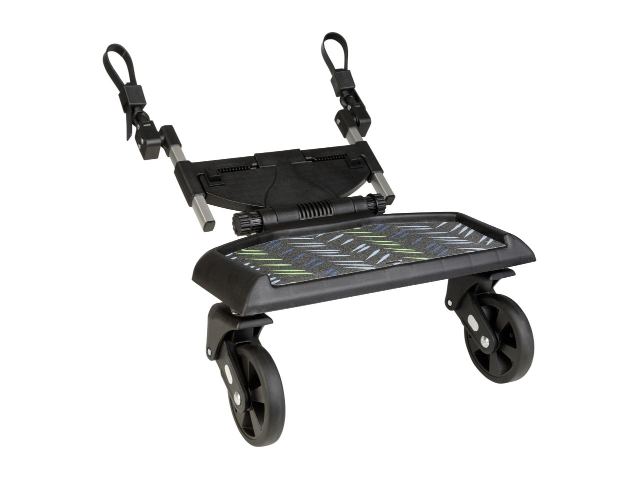 Black universal stroller board with patterned anti-slip surface and wheels.