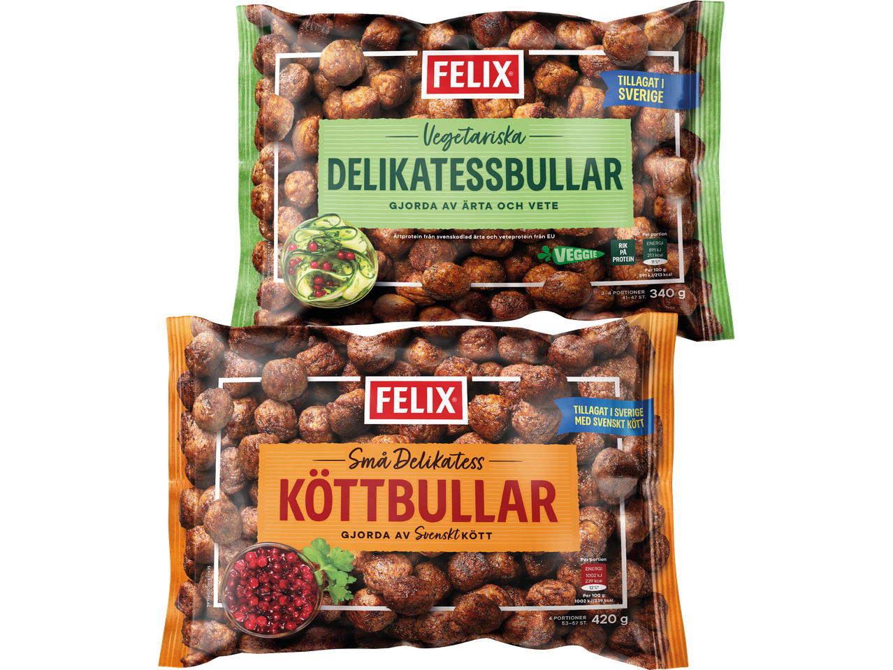 Två förpackningar med köttbullar: vegetariska delikatessbullar och små delikatessköttbullar.