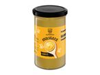 A jar of sweet mustard with a yellow label featuring a spoon of mustard and bees.