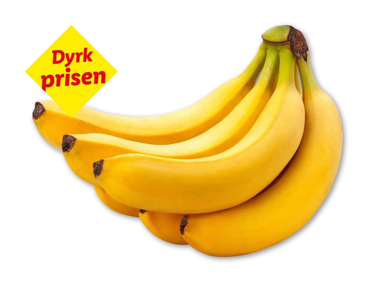 En klase gule bananer med et gult skilt, hvorpå der står 'Dyrk prisen'.