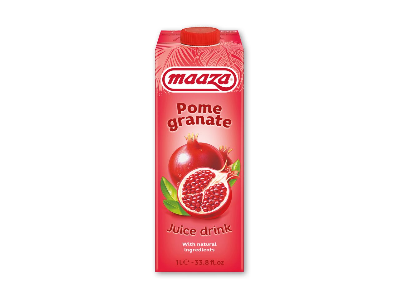 Rød granatæblejuice i en karton med teksten 'Pomegranate Juice drink'.