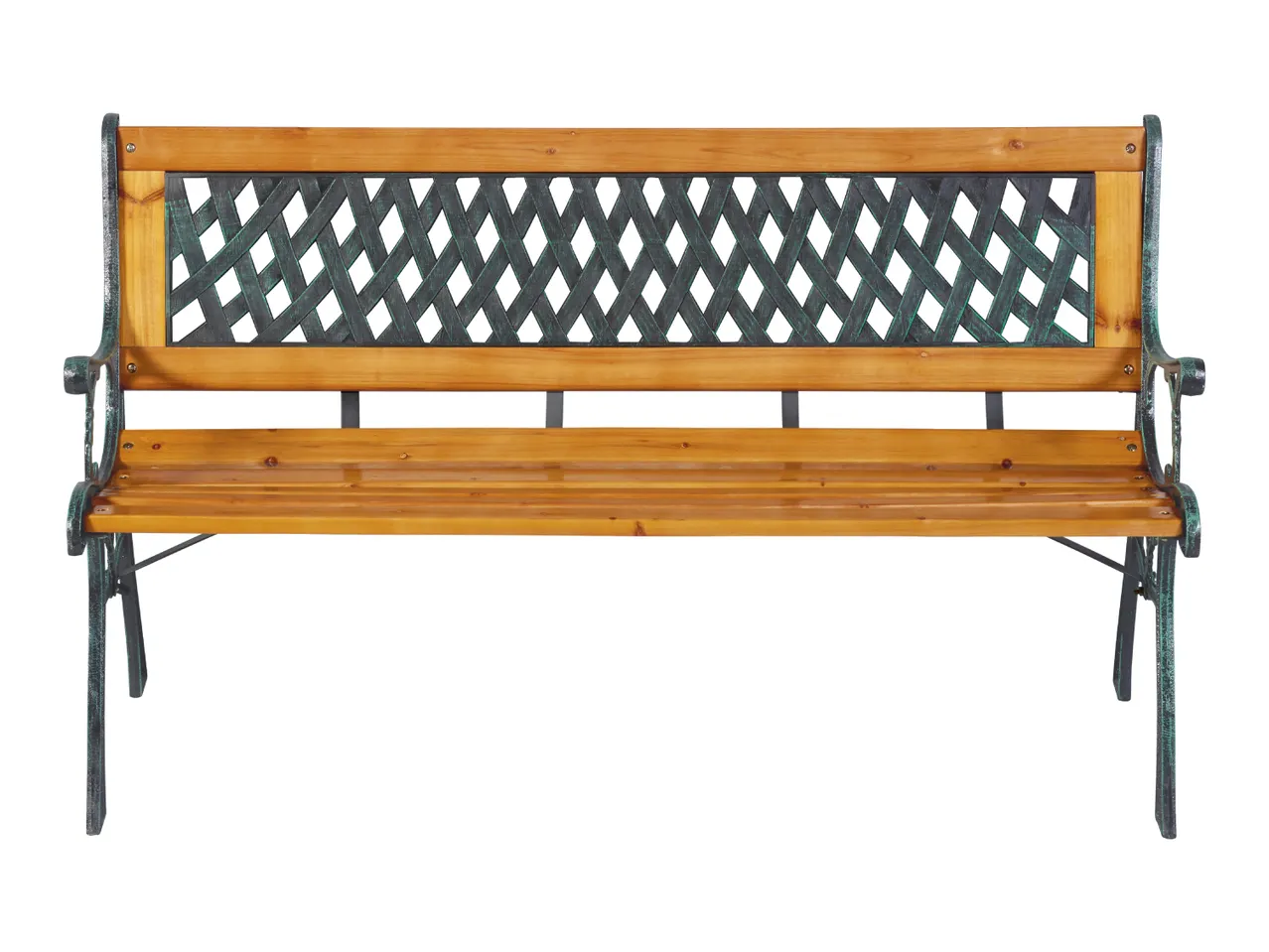 Garden bench with a wooden seat and backrest, and a metal lattice design.