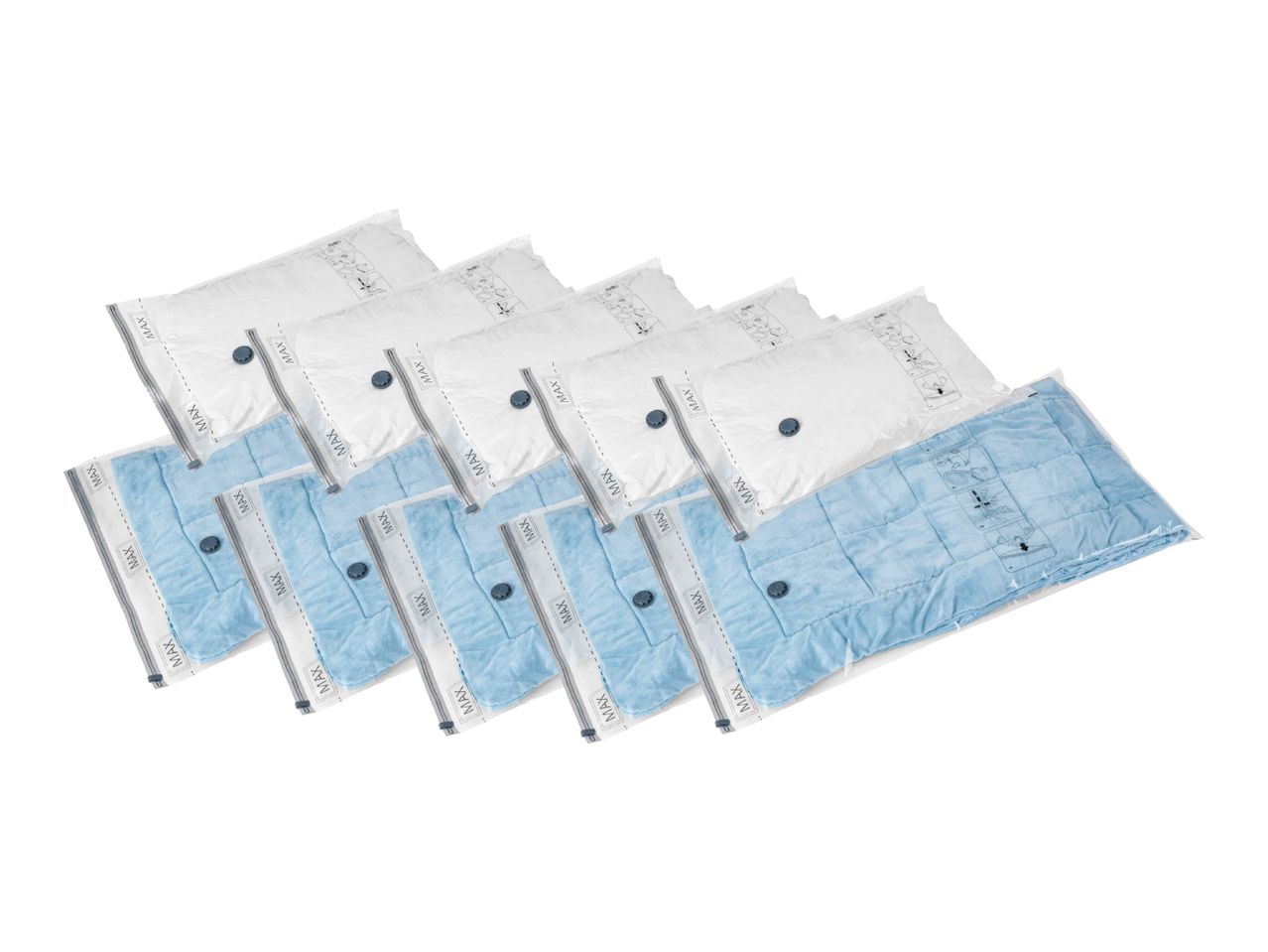 A set of vacuum storage bags, some filled with white items and others with blue textiles.